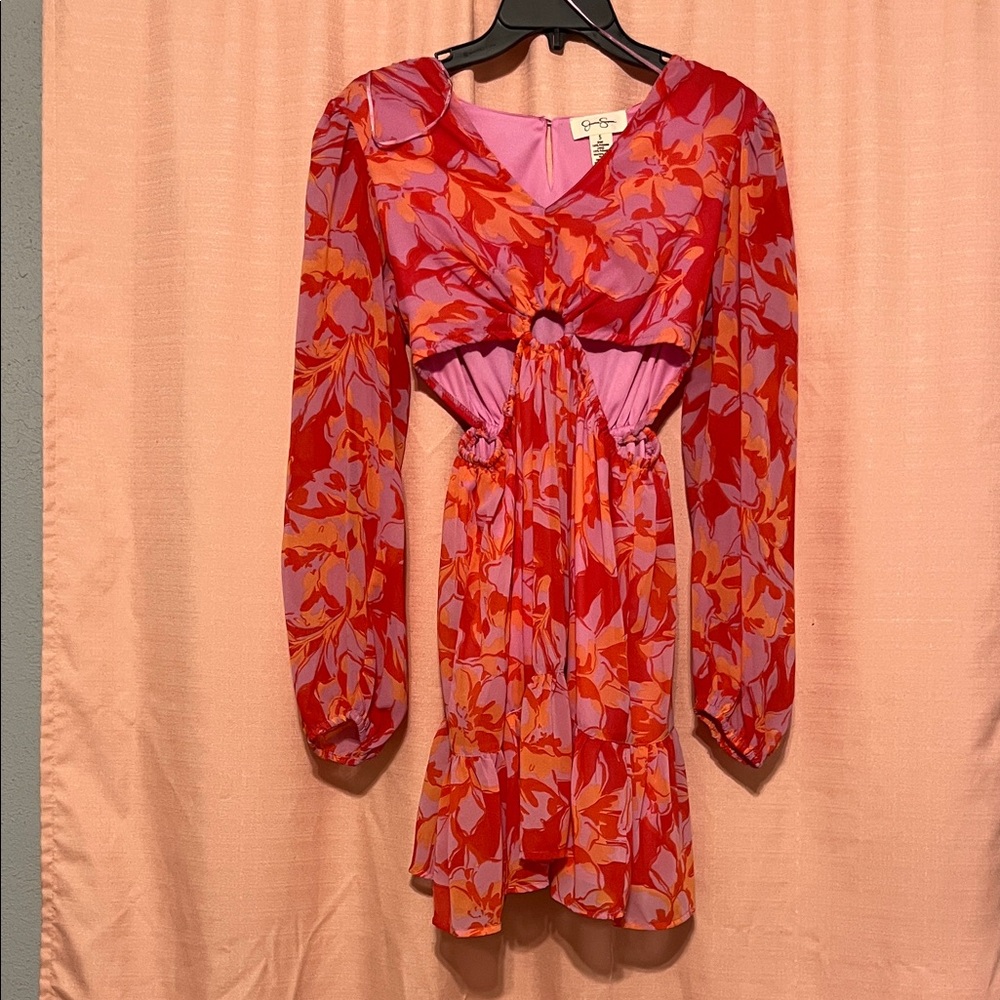 Red and Pink Floral Long Sleeve Dress